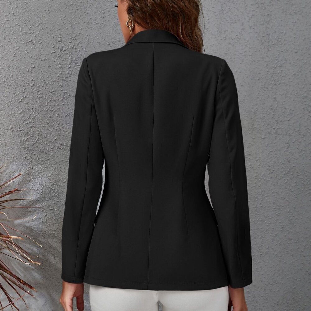Black Elegant Women's Lapel Collar Double Breasted Flap Detail Blazer - Picture 2 of 7